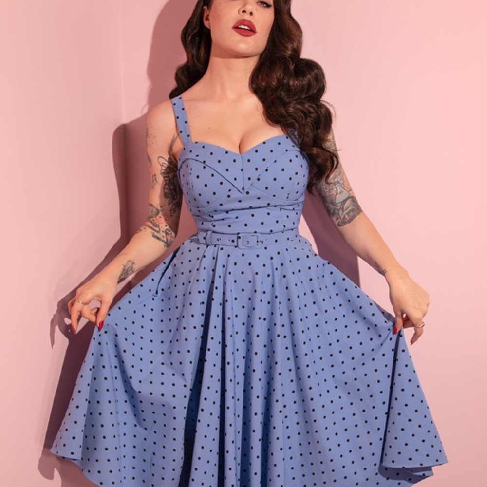 Vixen by Micheline Pitt Blue Polka Dot Swing Dress - Picture 7 of 16